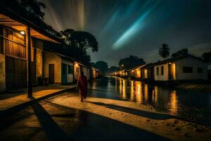 een Mens wandelen naar beneden een straat Bij nacht met een helder licht schijnend Aan hem. ai-gegenereerd foto