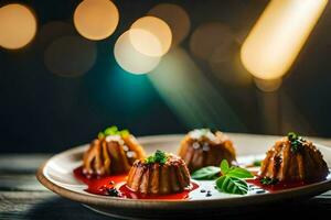 drie klein desserts Aan een bord met een wazig achtergrond. ai-gegenereerd foto