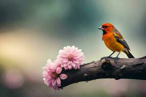 een vogel zit Aan een Afdeling met roze bloemen. ai-gegenereerd foto