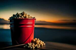 een emmer van popcorn Aan een tafel met een zonsondergang in de achtergrond. ai-gegenereerd foto