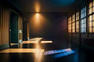 een donker kamer met houten vloeren en ramen. ai-gegenereerd foto