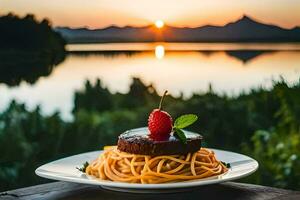 spaghetti met vlees en bessen Aan een bord Bij zonsondergang. ai-gegenereerd foto