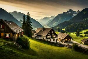 een mooi alpine dorp met groen gras en bergen. ai-gegenereerd foto