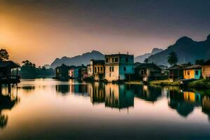 de zon sets over- een rivier- en huizen in Vietnam. ai-gegenereerd foto