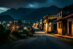 een straat in de bergen Bij nacht. ai-gegenereerd foto