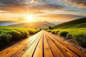 de zon stijgt over- een houten pad in de midden- van een groen veld. ai-gegenereerd foto