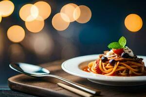 spaghetti met tomaat saus en kaas Aan een bord. ai-gegenereerd foto