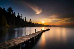 een houten pier strekt zich uit uit in de water Bij zonsondergang. ai-gegenereerd foto