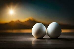 twee eieren zijn zittend Aan een tafel met een zonsondergang in de achtergrond. ai-gegenereerd foto