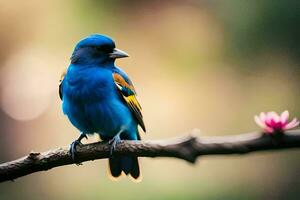 een blauw vogel zittend Aan een Afdeling met een roze bloem. ai-gegenereerd foto