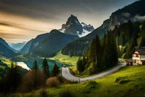 de weg naar de Alpen. ai-gegenereerd foto