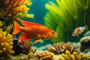 een oranje vis zwemmen in een aquarium met koraal. ai-gegenereerd foto