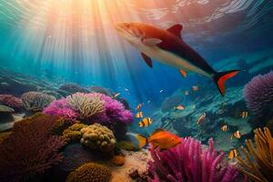 een haai zwemmen in de oceaan met koraal riffen. ai-gegenereerd foto