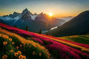 de zon stijgt over- de bergen en bloemen in de voorgrond. ai-gegenereerd foto