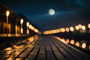 een lang houten loopbrug met lichten Aan het Bij nacht. ai-gegenereerd foto