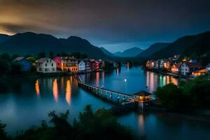 foto behang de lucht, water, bergen, huizen, brug, dorp, rivier, brug,. ai-gegenereerd