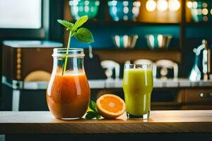 twee bril van sap en een oranje Aan een tafel. ai-gegenereerd foto