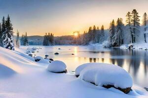 sneeuw gedekt rotsen en bomen door een rivier. ai-gegenereerd foto