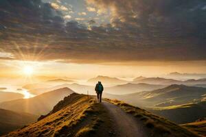 een Mens wandelingen Aan een berg pad Bij zonsondergang. ai-gegenereerd foto