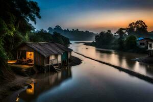 een klein hut zit Aan de bank van een rivier- Bij zonsondergang. ai-gegenereerd foto