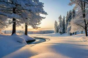 een besneeuwd landschap met bomen en een stroom. ai-gegenereerd foto