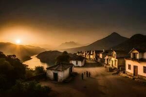 de zon sets over- een dorp in Vietnam. ai-gegenereerd foto