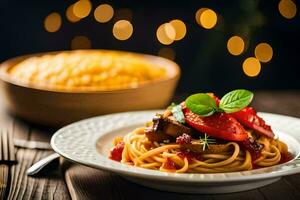 spaghetti met tomaat en vlees Aan een bord. ai-gegenereerd foto