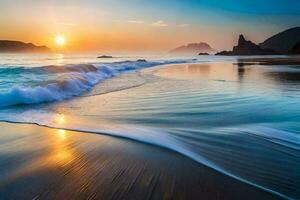 de zon stijgt over- de oceaan golven Aan een strand. ai-gegenereerd foto