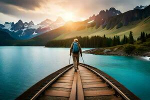 een Mens wandelen Aan een houten trein bijhouden over- een meer. ai-gegenereerd foto