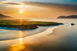 de zon sets over- een strand en met gras begroeid eiland. ai-gegenereerd foto