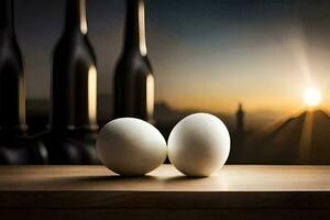 twee eieren zitten Aan een tafel in voorkant van een fles. ai-gegenereerd foto