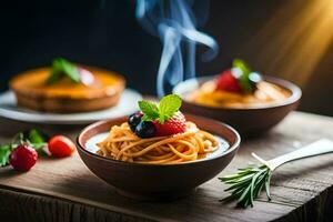 spaghetti met bessen en kruiden in een schaal. ai-gegenereerd foto