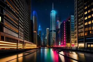 een stad Bij nacht met een rivier- en gebouwen. ai-gegenereerd foto