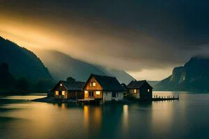 een huis Aan een klein eiland in de midden- van een meer. ai-gegenereerd foto