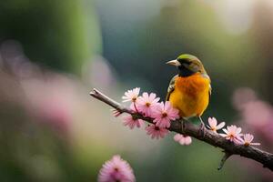 een vogel zit Aan een Afdeling met roze bloemen. ai-gegenereerd foto