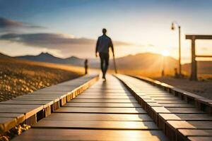 een Mens wandelen Aan een houten brug Bij zonsondergang. ai-gegenereerd foto