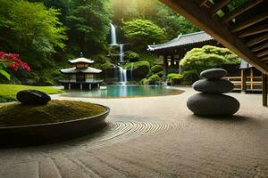 een Japans tuin met een waterval en rotsen. ai-gegenereerd foto