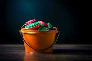 een oranje emmer gevulde met kleurrijk plastic toetsen. ai-gegenereerd foto