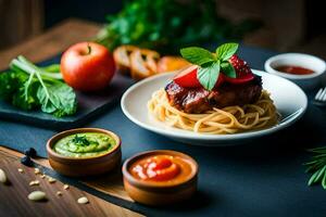 een bord van spaghetti met vlees en groenten. ai-gegenereerd foto