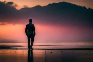 een Mens in een pak staat Aan de strand Bij zonsondergang. ai-gegenereerd foto