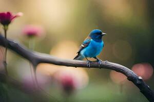 een blauw vogel zit Aan een Afdeling in voorkant van roze bloemen. ai-gegenereerd foto