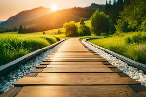 een houten pad leidend naar de zon in de bergen. ai-gegenereerd foto