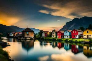 foto behang de lucht, bergen, water, huizen, de zon, de lucht, de bergen. ai-gegenereerd