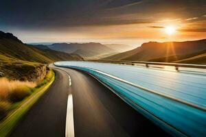 een auto het rijden Aan een snelweg Bij zonsondergang. ai-gegenereerd foto