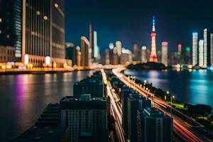 de stad lichten zijn Aan in Shanghai Bij nacht. ai-gegenereerd foto