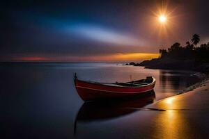 een boot zit Aan de strand Bij nacht. ai-gegenereerd foto