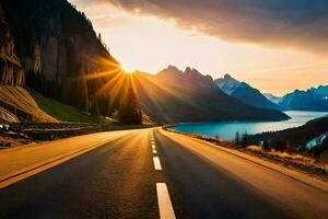 een weg met bergen in de achtergrond en zon schijnt. ai-gegenereerd foto