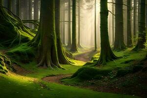 een pad door een Woud met bomen en mos. ai-gegenereerd foto