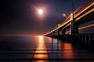 een brug over- de water Bij nacht met een maan in de lucht. ai-gegenereerd foto