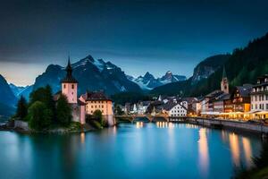 de stad- van hallstatt in de Zwitsers Alpen. ai-gegenereerd foto